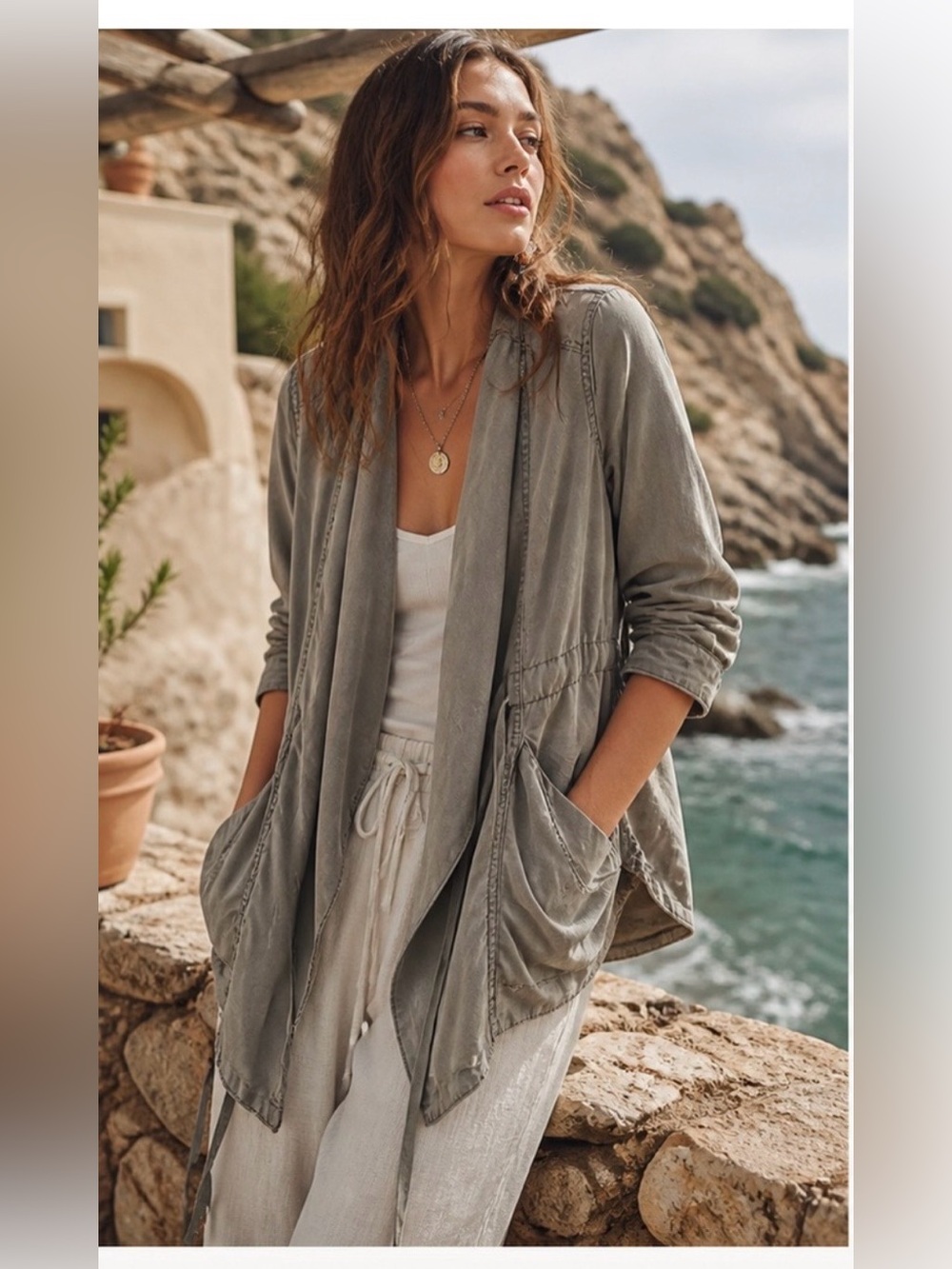 Anthropologie Hei Hei Morgan Utility Draped Front Jacket Olive Beige Gray